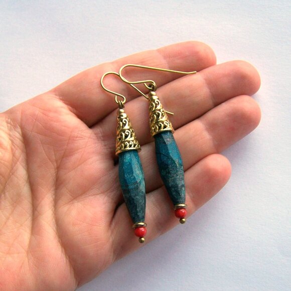 Large natural AZURITE earrings Long Gold Brass Faceted gemstone - Picture 2 of 7